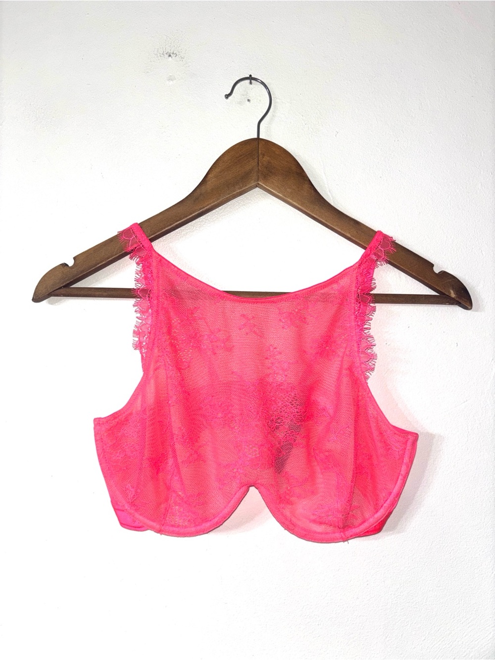 Victoria's Secret Pink Underwire Bra High Neck Lace Sexy Hot Pink 34DD E75